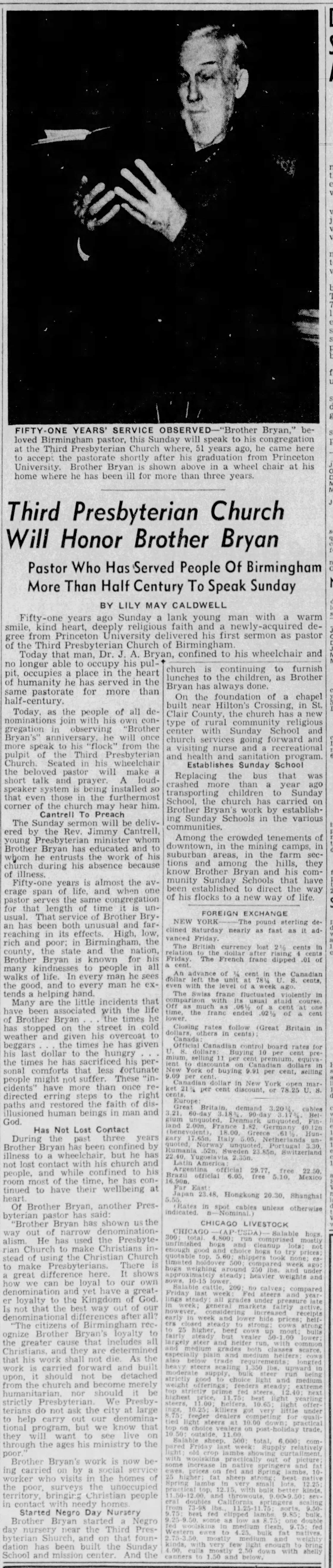 Third Presbyterian Will Honor Brother Bryan